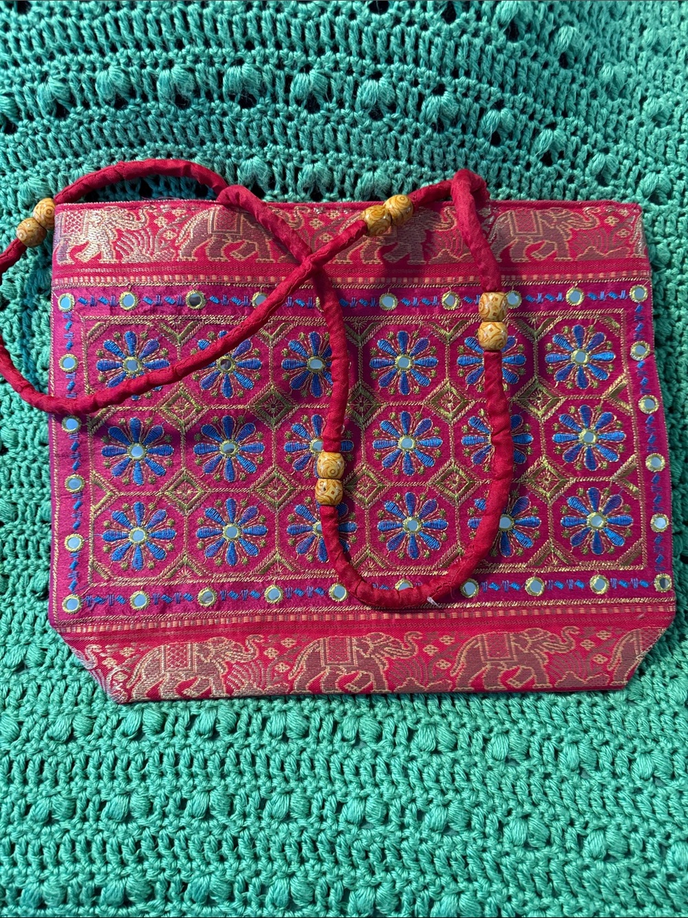 Handcrafted Embroidered Pink Tote Bag with Beaded Strap